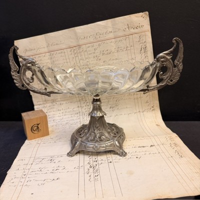 Silvered Spelter and Molded Glass Chimera Centerpiece - 19th Century Gothic Table Bowl