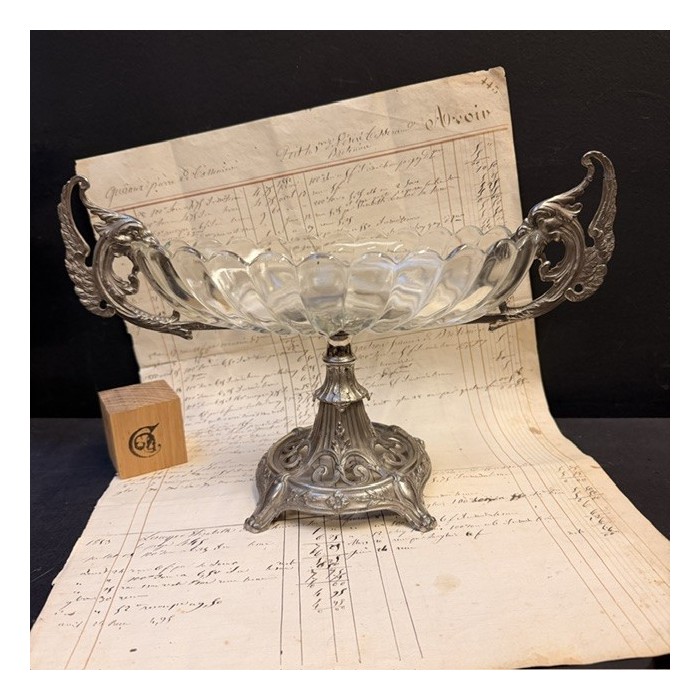 Silvered Spelter and Molded Glass Chimera Centerpiece - 19th Century Gothic Table Bowl