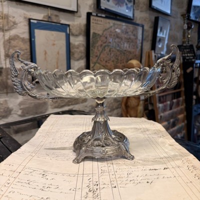 Silvered Spelter and Molded Glass Chimera Centerpiece - 19th Century Gothic Table Bowl